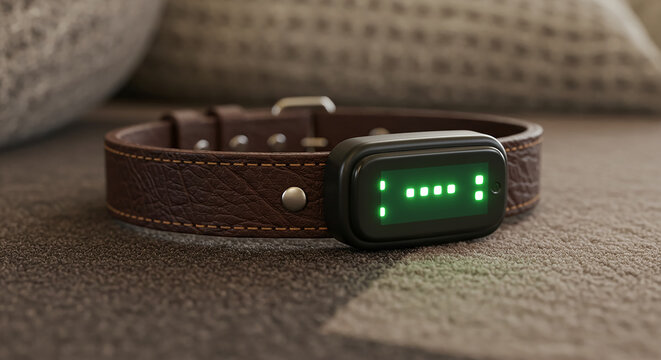Smart dog collar resting on sofa shows loading status with green lights - Powered by Adobe