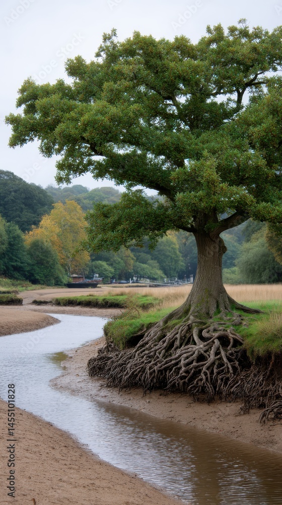 Poster scenic landscape view featuring an imposing tree with exposed roots alongside a meandering stream in