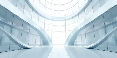 Fototapeta premium A futuristic interior with curved white walls and glass panels reflecting light brightly