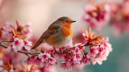   Small bird on tree branch with pink flowers in fg, blue sky bg