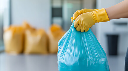 Waste Removal: Yellow gloved hands holding a filled cyan plastic bag, with more bags blurred in the background, focused on clean environment practices.