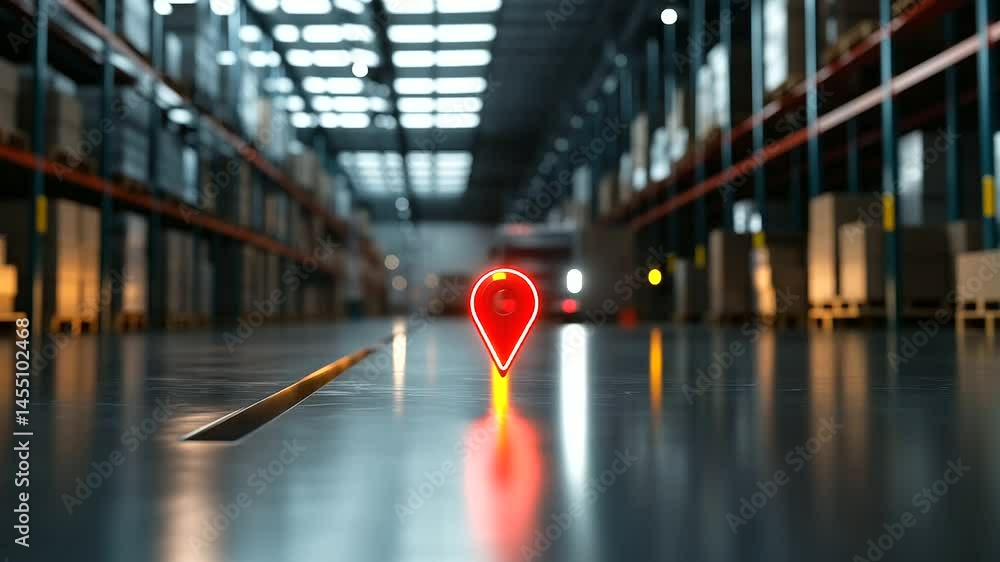 Poster a high-tech warehouse with a floating d map projection, where location pins highlight the movement o