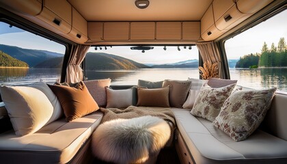a beautifully decorated camper van interior featuring plush pillows blankets and ambient lighting providing a cozy retreat with a scenic lake view