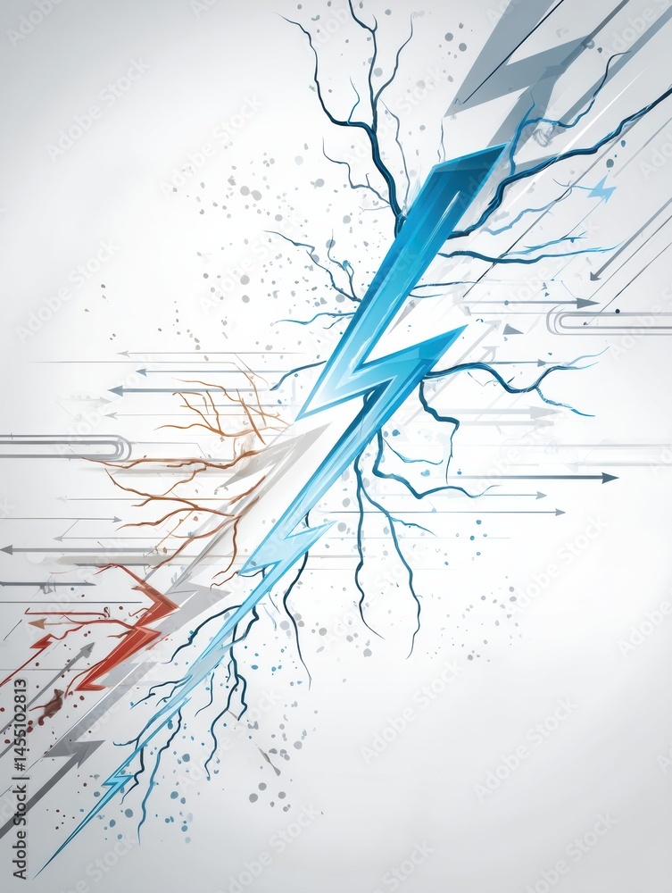 Poster dynamic lightning bolt splitting market arrows on a clean background representing financial movement