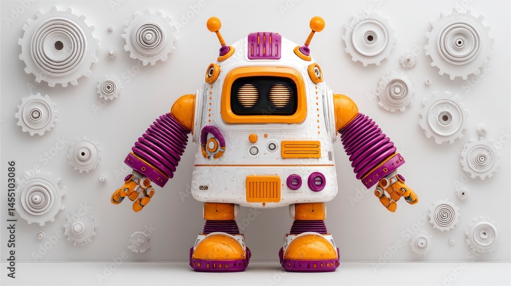 Aufkleber a playful robot with vibrant colors and mechanical gears in the background ideal for technolog
