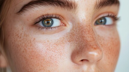 Fototapeta premium Closeup of a young woman with freckles and blue eyes beautiful skin texture face girl iris brow tone