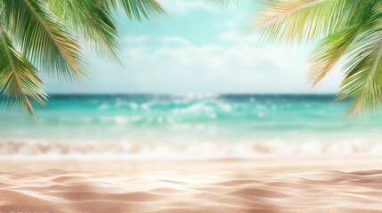 Fototapeta premium Tropical Beach with Palm Leaves Framing a Peaceful Ocean View