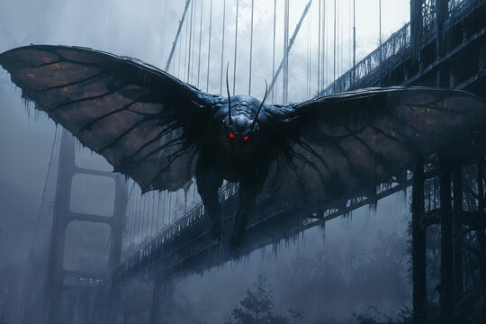 The Mothman flying over a bridge, cryptid folklore creature