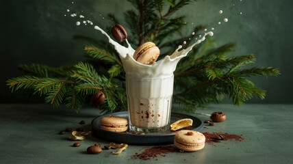 Splashing milk with macaron and coffee beans on festive dark plate