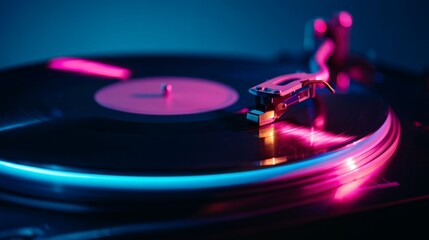 Vinyl record spinning under vivid blue and pink and purple neon lights