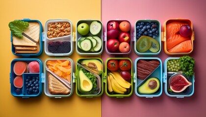 healthy food deli displayed in lunchboxes on colorful table flat lay