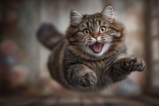 Playful tabby cat in motion celebrates international cat day