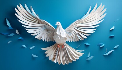 Obraz premium peace and new beginnings of hope a white dove flying on blue background world international peace day the concept of a fluttering bird that brings peaceful to the world made from paper