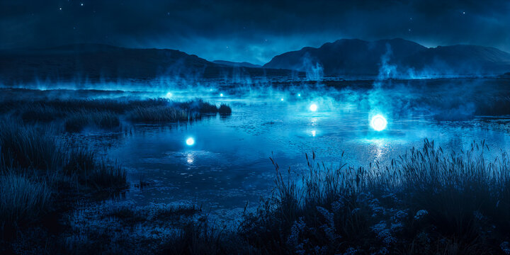 Glowing will-o-the-wisps over a bog in Ireland, night, wide banner