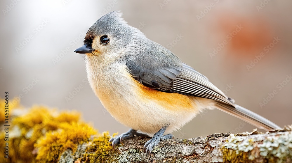 Poster a close-up image of a bird on a tree branch surrounded by lichen, while the background is slightly b