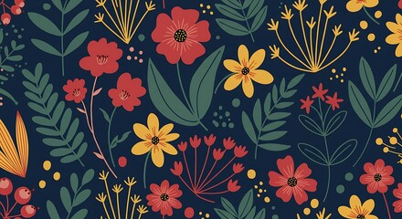 Dark Floral Pattern with Red and Yellow Blossoms - Night Garden Design
