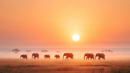   A herd of elephants stands atop a dry grass field, bathed in the bright orange light of the distant sun
