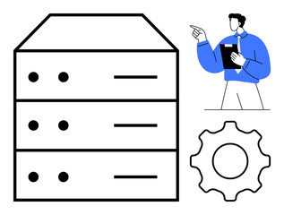 Stack of servers, administrator holding clipboard, gear icon. Ideal for IT, technology, server management, data storage, cloud computing teamwork business efficiency. Flat simple metaphor