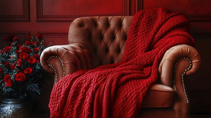 A comfortable brown leather armchair draped with a vibrant red knitted blanket and roses.