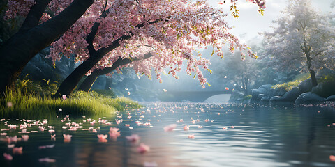 Cherry Blossom Rain Serene Nature Scene