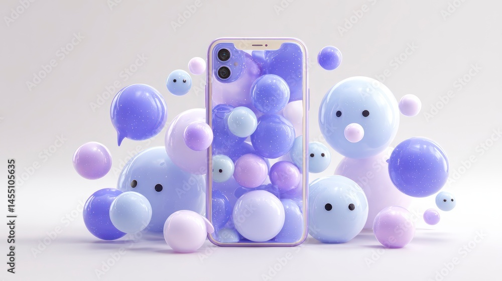 Poster Futuristic Smartphone Display with Playful Balloon Characters Modern Technology and Fun Design