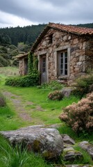 Rustic stone country house with overgrown ivy, weathered doorway, and wildflower shrubs amidst grassy pathway against dark clouds and forested hills.