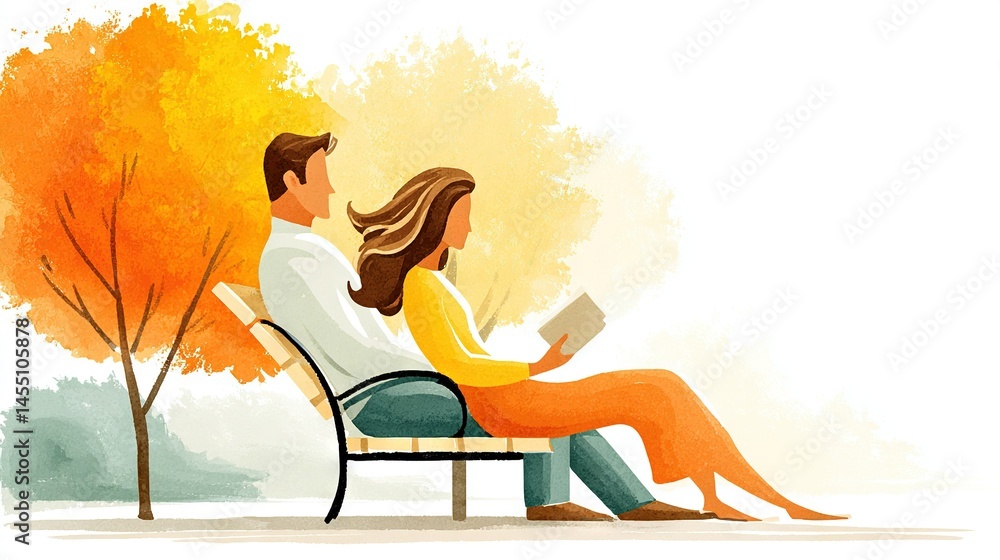 Poster an image of a man and woman on a bench in a park reading a book with a tree in the background has be