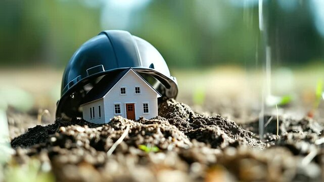 A well-crafted house figurine tucked under a safety helmet, signifying strong coverage against property damage and legal risks.