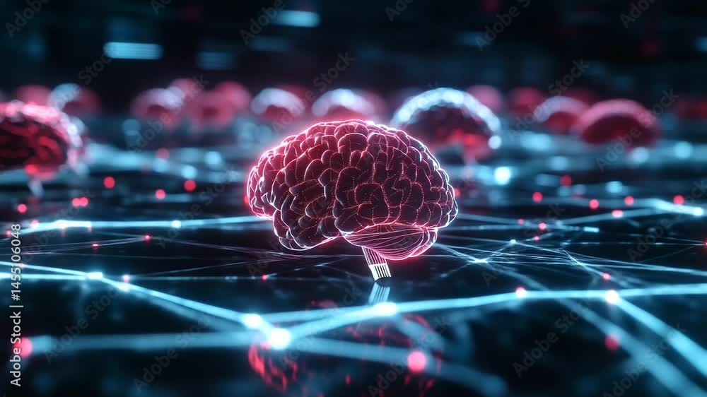 Poster an abstract vision of ai interconnectivity, where dozens of neon-lit brains form a massive digital n