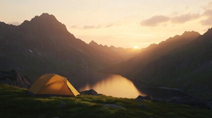 Scenic mountain lake sunset campsite tent adventure nature sky art view calm wild water rocks hills