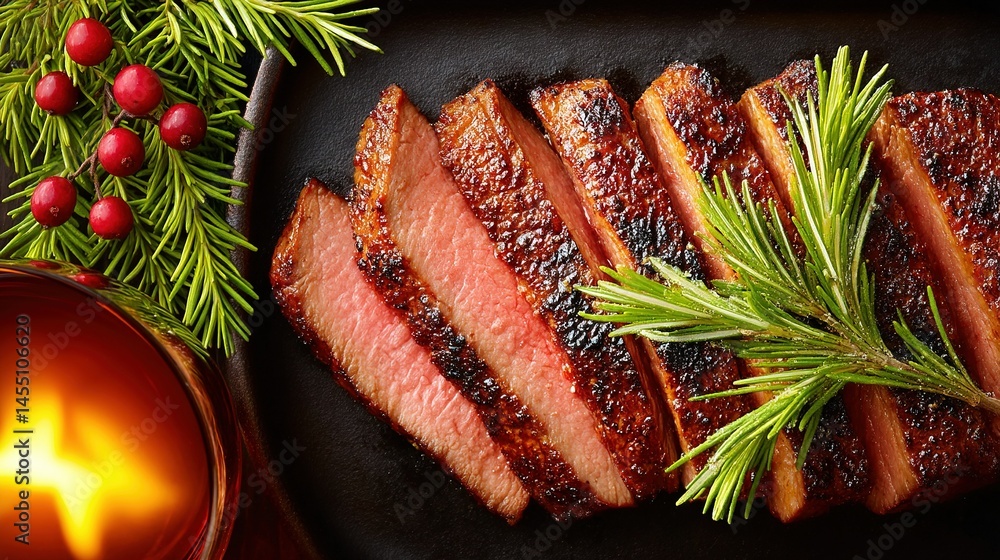 Poster a close-up of sliced meat on a plate adjacent to a candle and a pine branch with a candle in the bac
