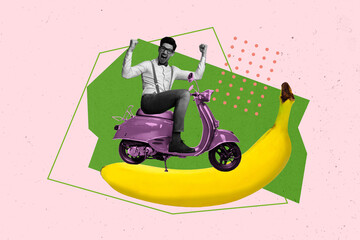 Banner collage of person ride scooter on big banana pink color background