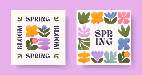 Spring artistic illustrations with abstract flowers and plants.Design templates with modern floral elements.Seasonal backgrounds for holidays prints,invitations,offers,covers,greetings,branding