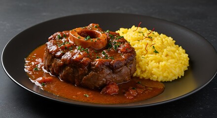 A classic ossobuco alla milanese, featuring braised veal shanks in a rich tomato and white wine sauce, served with gremolata on top, placed on a dark plate 