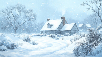 Naklejka premium Snowy Cottage Scene