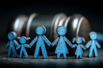 Family Law Representation: A blue, wooden family stands before a blurred gavel, symbolizing legal family matters and the complexities of legal decisions.