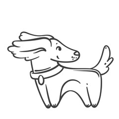 Outline cartoon dog in playful stance with floppy ears and wagging tail, wearing a collar. Monochrome linear vector illustration of dog with happy expression face for stickers or coloring.