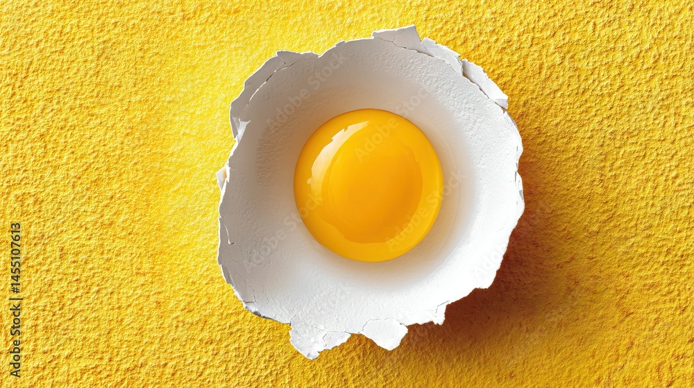 Poster a bright yellow background showcases a cracked egg shell housing an overhead view of the egg inside 
