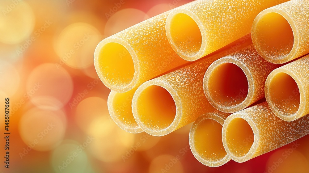 Poster a stack of yellow pipes, positioned in front of a reddened, hazy backdrop