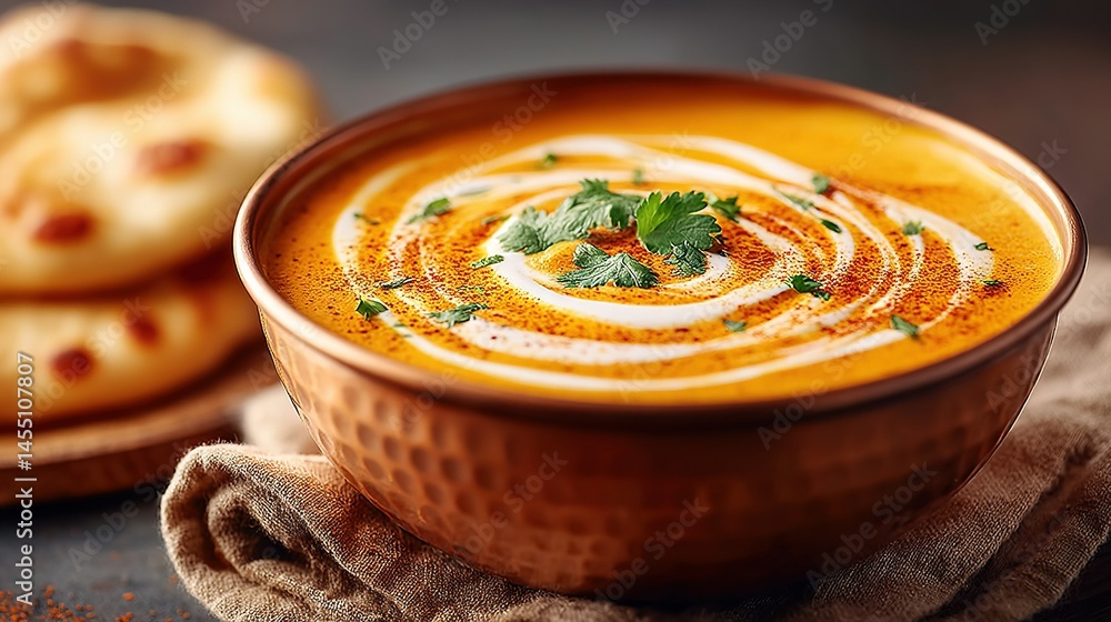 Poster a close-up of a bowl of soup on a table with two plates of pita bread beside it