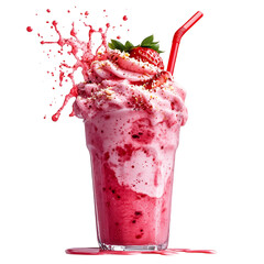 Strawberry Milkshake with Straw Isolated on Transparent Background