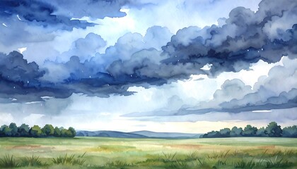 Fototapeta premium Watercolor Landscape: Stormy Sky Over Field