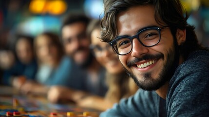 A happy man with glasses smiles widely, with blurred friends in the background, at a gathering.