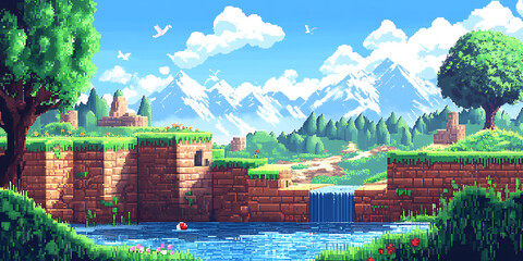 Pixel Art Landscape Sunny Day Waterfall Village Scene