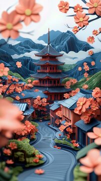 Papercut Paper Cut Kyoto Gion Pagoda Japan Travel Scen ic Landscape Destination Phone Mobile Background Wallpaper Art Illustration