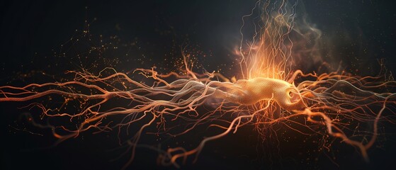 background Network of glowing lines resembling plant root systems or neural networks against a dark clean
