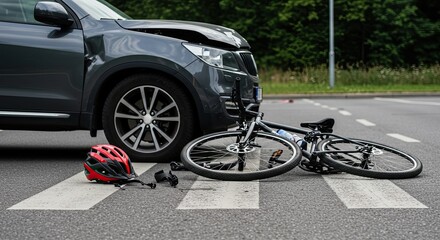 Bicycle accident scene with helmet on crosswalk near car 