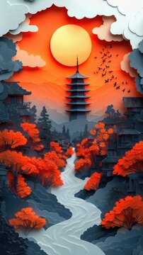 Papercut Paper Cut Kyoto Gion Pagoda Japan Travel Scen ic Landscape Destination Phone Mobile Background Wallpaper Art Illustration