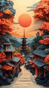 Papercut Paper Cut Kyoto Gion Pagoda Japan Travel Scenic Winter Landscape Destination Phone Mobile Background Wallpaper Art Illustration