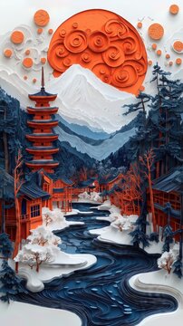 Papercut Paper Cut Kyoto Gion Pagoda Japan Travel Scenic Winter Landscape Destination Phone Mobile Background Wallpaper Art Illustration